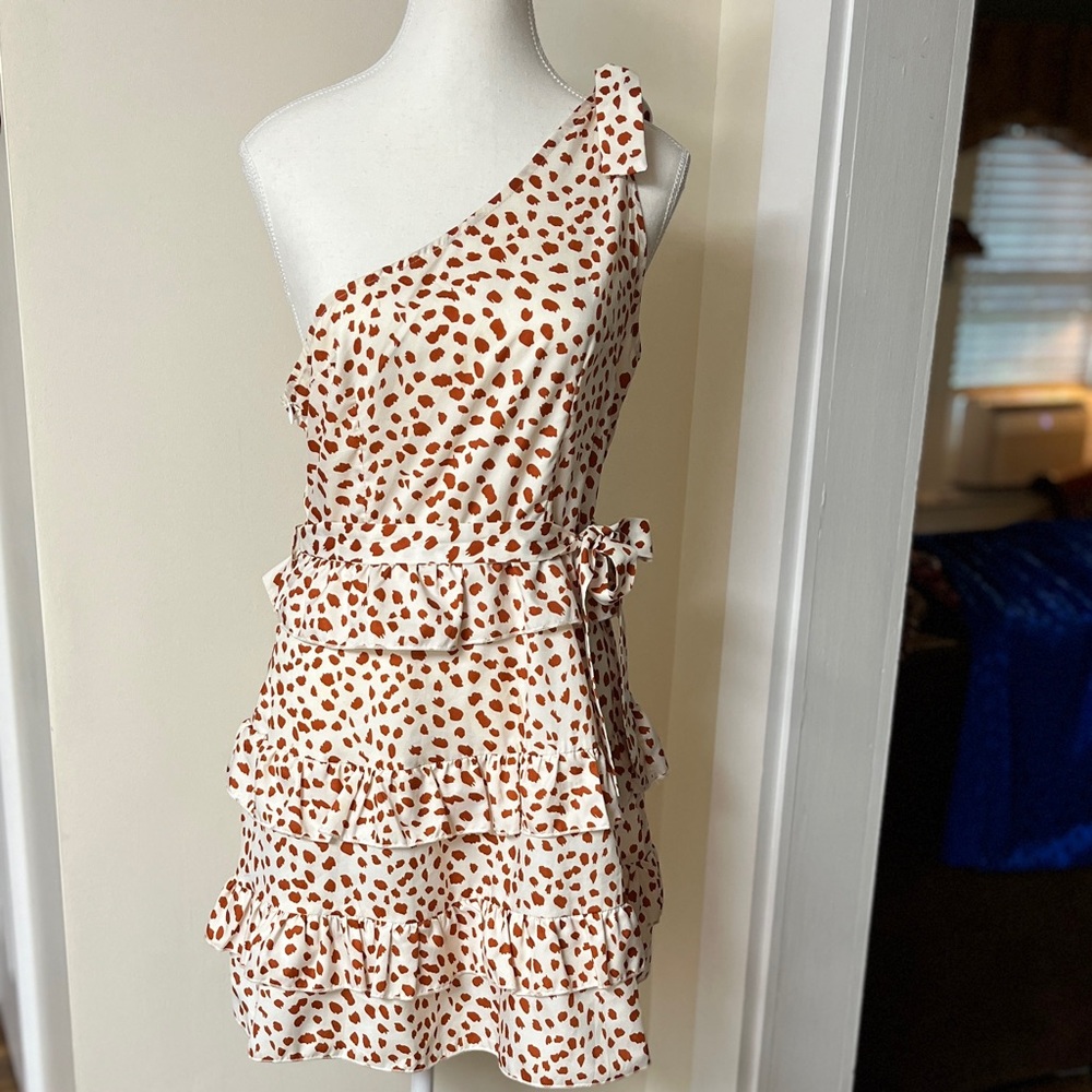One-Shoulder Ruffle Dress in White and Brown, EUC, with P2P 17”,  90% Poly